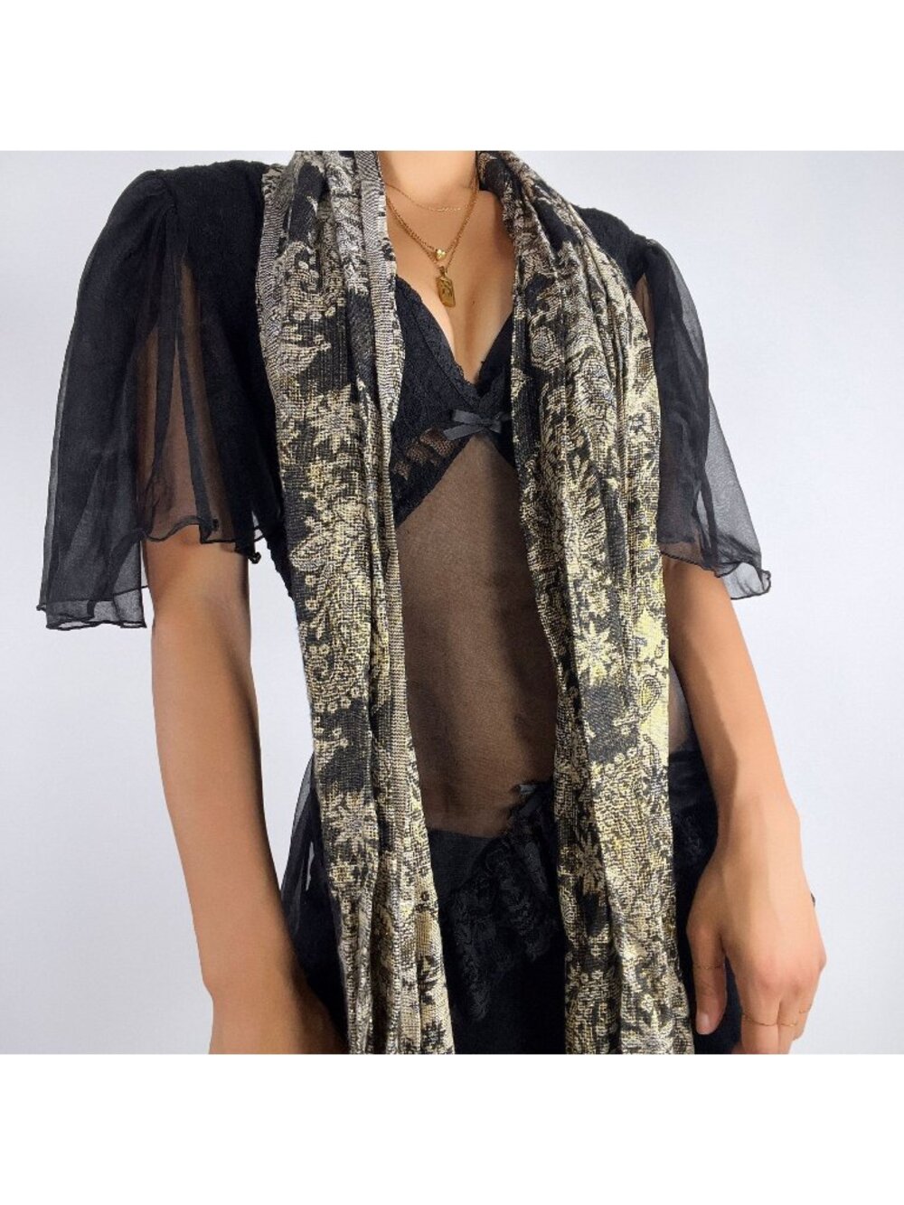 Vintage Y2K Black & Gold Metallic Whimsygoth Scarf Womens Shawl / OS